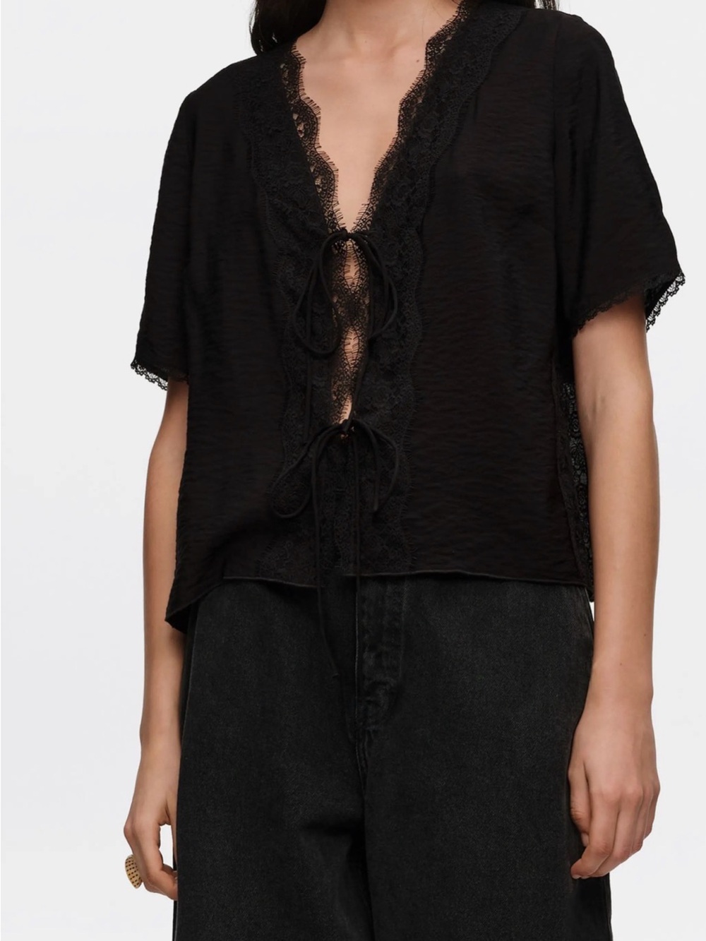 Bimba Y Lola NWT Black Lace-Trim Tie-Front Blouse